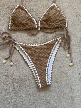 Textured Brown Triangle Bikini with White Scalloped Trim